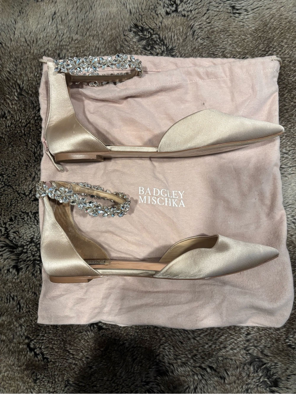 Badgley Mischka Champagne Jeweled Ankle-Strap Flats